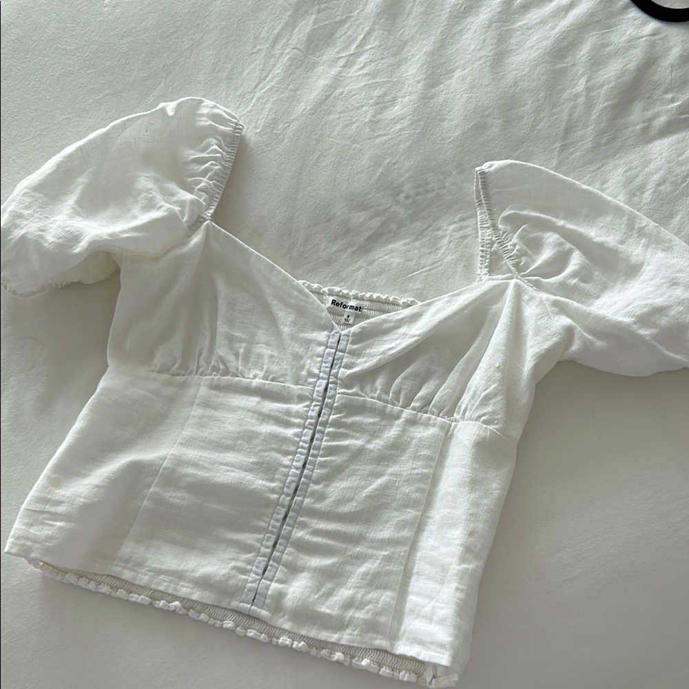 Reformation White Puff Sleeve Square Neck Crop Top